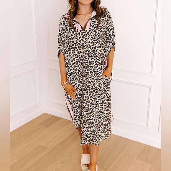 entro Dresses & Skirts - NWT Entro Leopard-Print Caftan Midi Dress with Pink/Brown Trim Large